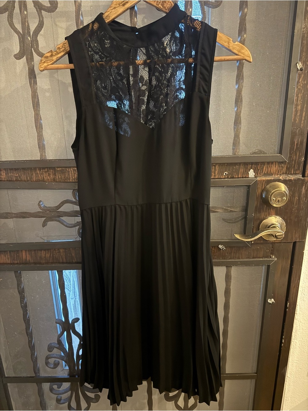 Sleeveless Black Lace Yoke Pleated Mini Dress